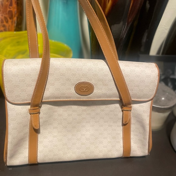 1980S GUCCI BAG GG CANVAS & LEATHER HANDBAG SATCHEL W TOP HANDLES - Picture 2 of 15